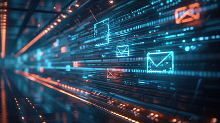 Futuristic digital corridor with glowing icons representing email and data transfer. Concepts of technology advancement, communication, and digital networking.