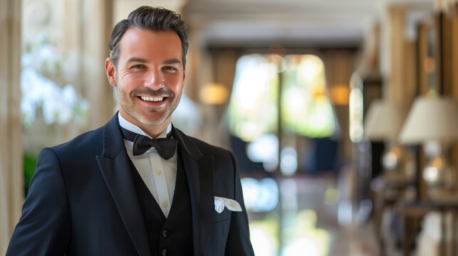 Smiling man in a black tuxedo with a bow tie standing in an elegant hallway. Concepts of formal attire, sophistication, and confident demeanor.