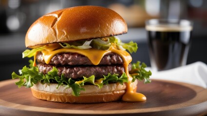 A double cheeseburger with lettuce, pickles, and melted cheese on a wooden board.
