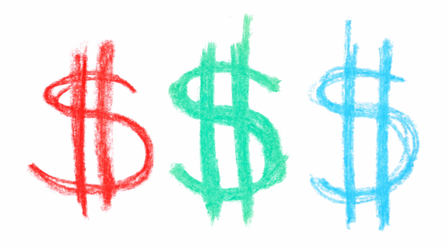 Colorful dollar symbol, chalk sketching isolated on white