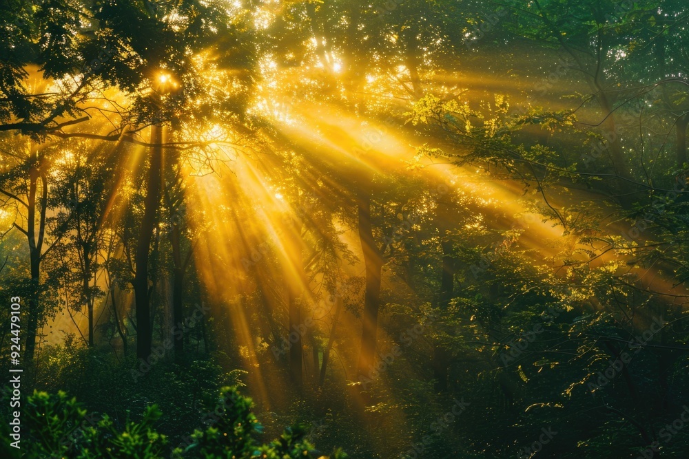 Poster a scene with sunlight shining through the treetops of a dense forest