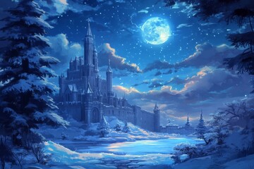Winter Moon's Embrace: The Enchanted Snow Castle Illuminated by the Mystical Lunar Glow, Revealing Every Corner and Secret in Anime Style, storybook illustrations, comic strips, book illustrations and