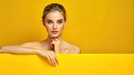 Obraz premium Woman with Blonde Hair Posing Behind a Yellow Surface