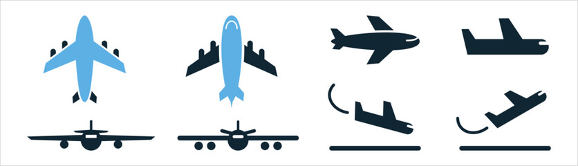 plane, airplane, vehicle, airport, flight, plane landing and take off, from side and front side. air transportation glyphs sign icon symbol ui and ux design