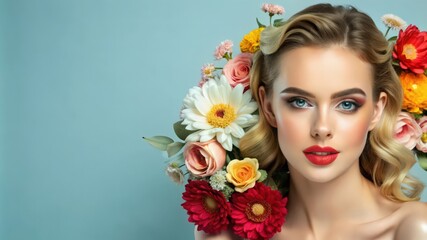 Naklejka premium Woman with Blonde Hair and Flowers Around Her Face