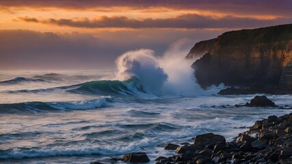 Obraz premium Dramatic wave crashing against rocky shore at sunset.