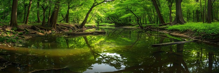 Obraz premium Serene forest scene featuring a winding river mirroring abundant greenery at the base
