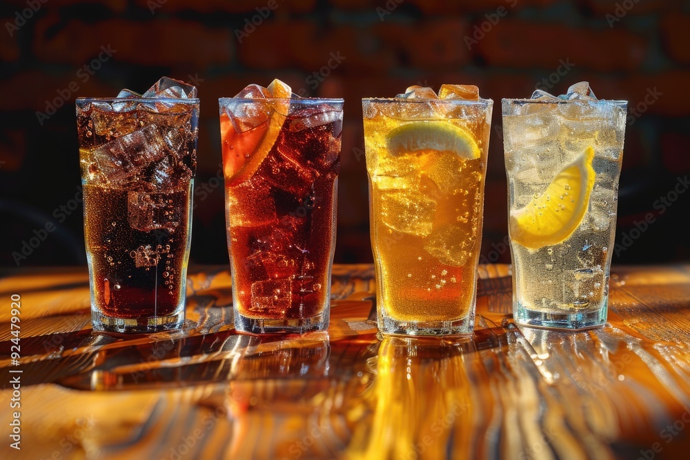 Poster a collection of glasses filled with different beverages, ideal for showcasing a variety of drinks at