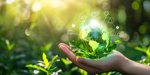 Green Sustainable Technology Concept with a Hand Holding a Globe and Eco-Friendly Icons in a Lush Natural Environment under Bright Sunlight