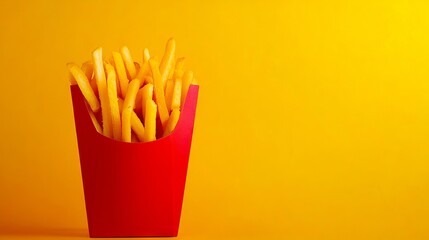 A red box of french fries on a yellow background