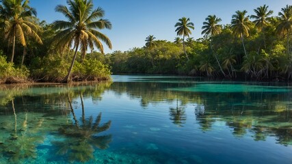Obraz premium Tranquil lagoon surrounded by lush palm trees and blue sky.