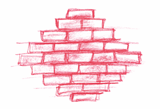 Red brick wall hand draw, chalk sketching isolated on white