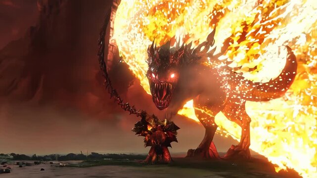 Majestic dragon emerges from shadows, breathing intense fire. Low-angle shot emphasizes its power and scale. Glowing embers and smoke surround the creature, creating an otherworldly atmosphere.	