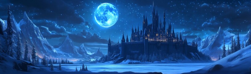 Fototapeta premium Winter Moon's Embrace: The Enchanted Snow Castle Illuminated by the Mystical Lunar Glow, Revealing Every Corner and Secret in Anime Style, storybook illustrations, comic strips, book illustrations and