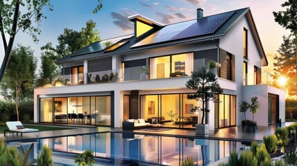 Fototapeta premium Modern Home with Swimming Pool and Solar Panels at Dusk