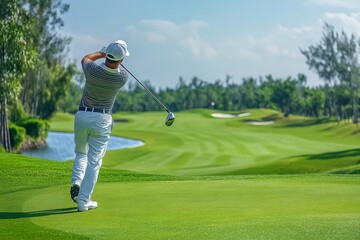 A golfer taking a swing on a pristine course, focused and poised, realistic, natural greens and blues