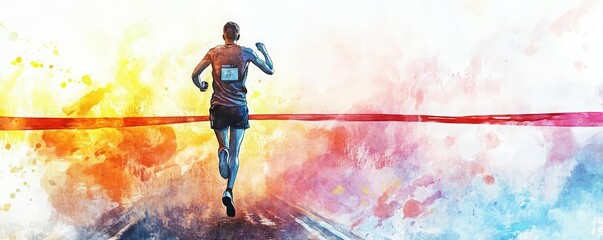 A runner crossing the finish line of a marathon, triumphant and exhausted, watercolor, soft and bright hues