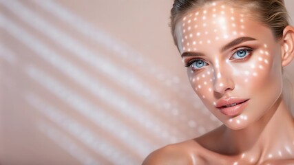 Close-up of a Woman's Face with White Dot Pattern and Striped Shadow