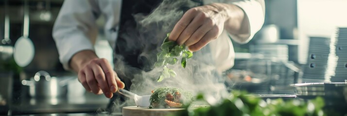 A close-up of a chef's hands adding fresh herbs to an elegant dish being prepared in a modern, professional kitchen.