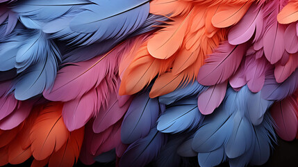 Obraz premium Cluster of Blue Feathers in Dark, Featuring Organic Forms and Patterns, Captured in Light Magenta and Orange Tones