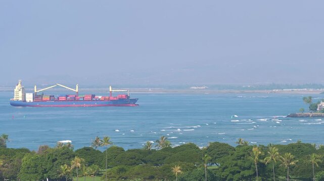 Container ship on the ocean viewed from a distane in 4k