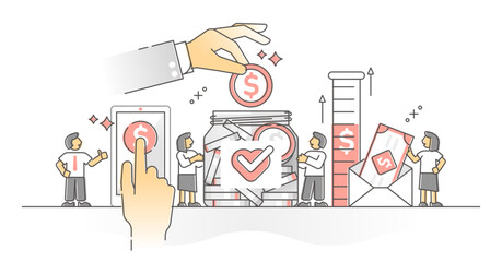 Donating money as charity financial support campaign monocolor outline concept, transparent background. Volunteer cash payment donation to help and give hope to poor illustration.