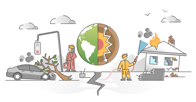 Earthquake seismic waves destruction with emergency services outline concept, transparent background.Damage in epicenter with house collapse or victims rescue illustration.