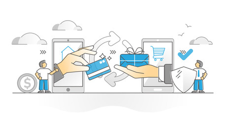 Online payment with credit card for shop purchase monocolor outline concept, transparent background. Distant contactless e-commerce exchange with product package and bank card as money illustration.