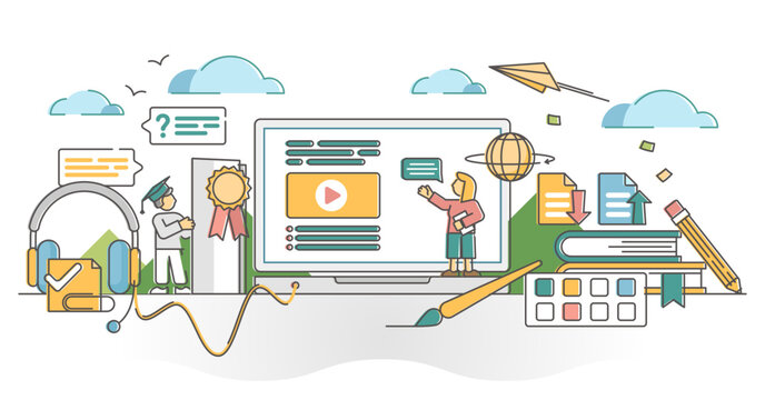 Online education with kids distant school lesson outline concept, transparent background. Knowledge study graduation after digital training and courses from teacher workshops illustration.