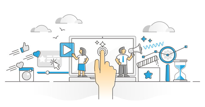 Online marketing campaign tool for ads and advertising monocolor outline concept, transparent background. PPC method in social media illustration. Browser pop up commercials strategy.