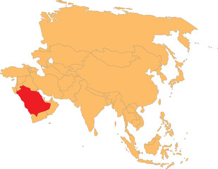Highlighted map of SAUDI ARABIA inside detailed blank flat political map of the Asian continent on isolated background