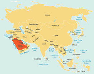 Highlighted map of SAUDI ARABIA inside detailed blank flat political map of the Asian continent on isolated background