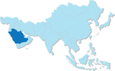 Highlighted map of SAUDI ARABIA inside detailed blank flat political map of the Asian continent on isolated background