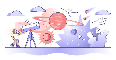 Astronomy study as universe, planet and stars research outline concept, transparent background. Outer space and cosmos knowledge learning with binoculars in planetary illustration.