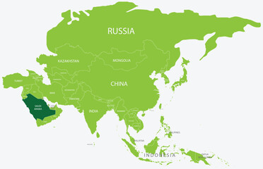 Highlighted map of SAUDI ARABIA inside detailed blank flat political map of the Asian continent on isolated background