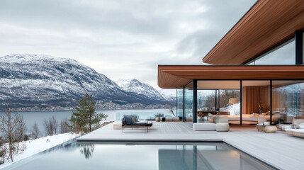 Fototapeta premium A glass walled house by snowy mountain, huge window for natural light