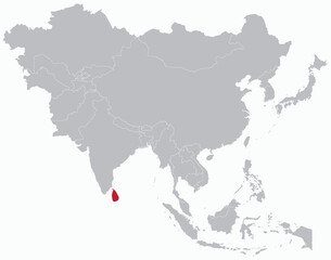 Highlighted map of SRI LANKA inside detailed blank flat political map of the Asian continent on isolated background
