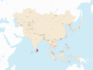 Highlighted map of SRI LANKA inside detailed blank flat political map of the Asian continent on isolated background