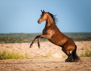 Fototapeta premium Bay horse rearing up on its hind legs