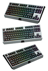 Collection of mechanical keyboards isolated on white background with clipping path. 3D rendering of streaming gear and gamer workspace concept