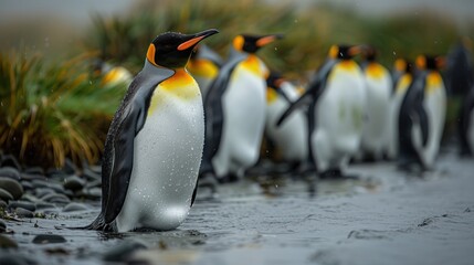 Obraz premium A Bustling Scene of a Large Colony of King Penguins in Their Icy Habitat