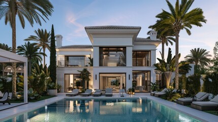 Fototapeta premium Luxury Villa with Swimming Pool and Palm Trees