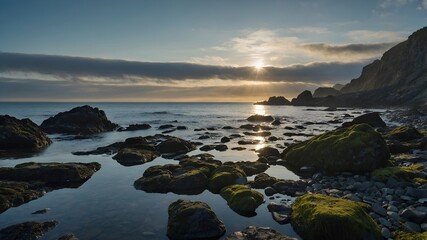 A serene sunset over a rocky coastline with calm water and green moss.