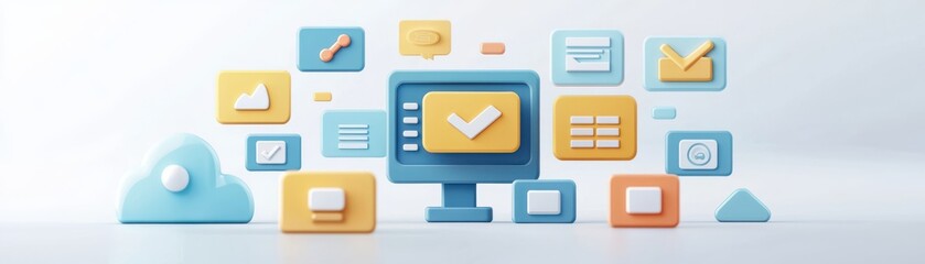Modern digital workspace with colorful icons representing productivity tools and technology integration.