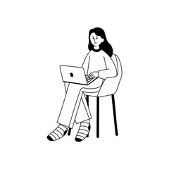 WFH Line Character 1 Woman Work Sitting in Chair