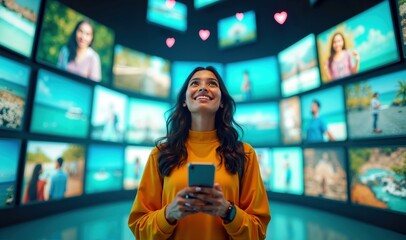 Smiling Indian Female Holding Smartphone Browsing Global Multimedia Content.