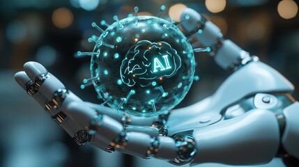 Robotic hand presenting glowing AI globe, lab background