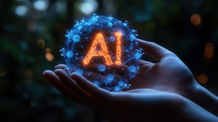 Hands presenting AI globe amidst a futuristic background