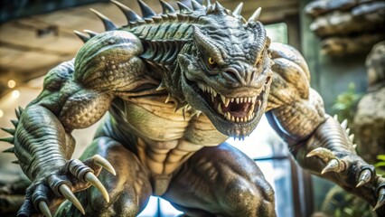 Close-up of a snarling, muscular, reptilian monster with sharp claws and teeth
