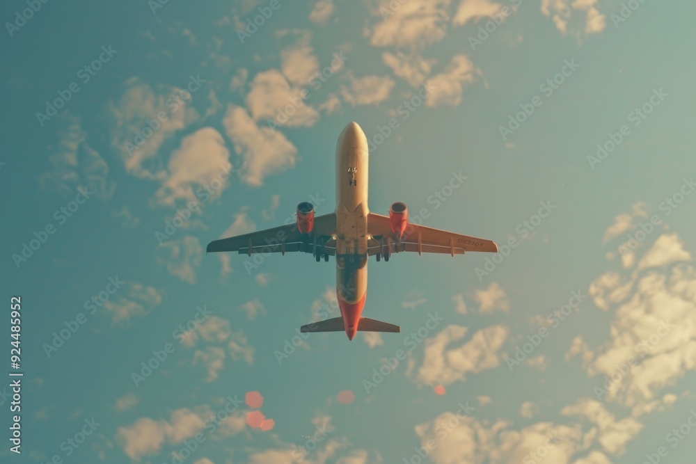 Poster Airplane soaring through the sky with clouds in the background, suitable for travel or aviation-themed projects